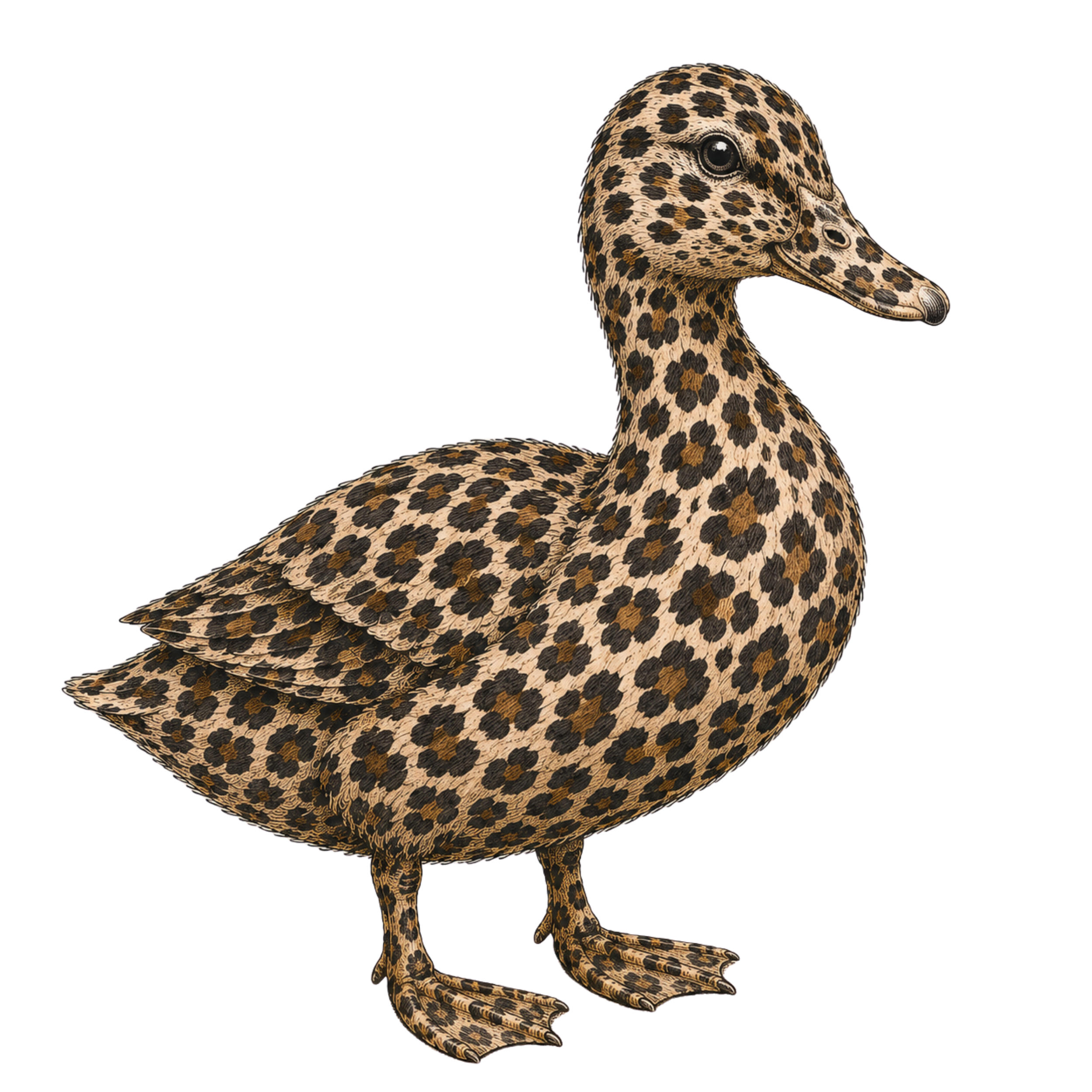 A digitally manipulated image of a bird with a leopard print pattern on its body, wings, and tail.