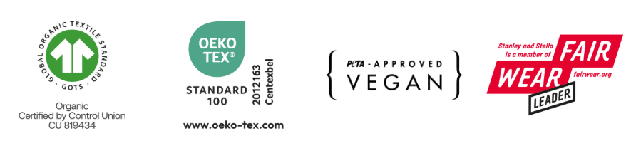 Various certification logos and labels for organic and vegan standards, including GOTS, OEKO-TEX Standard 100, PETA-Approved Vegan, and Fair Wear Leader.