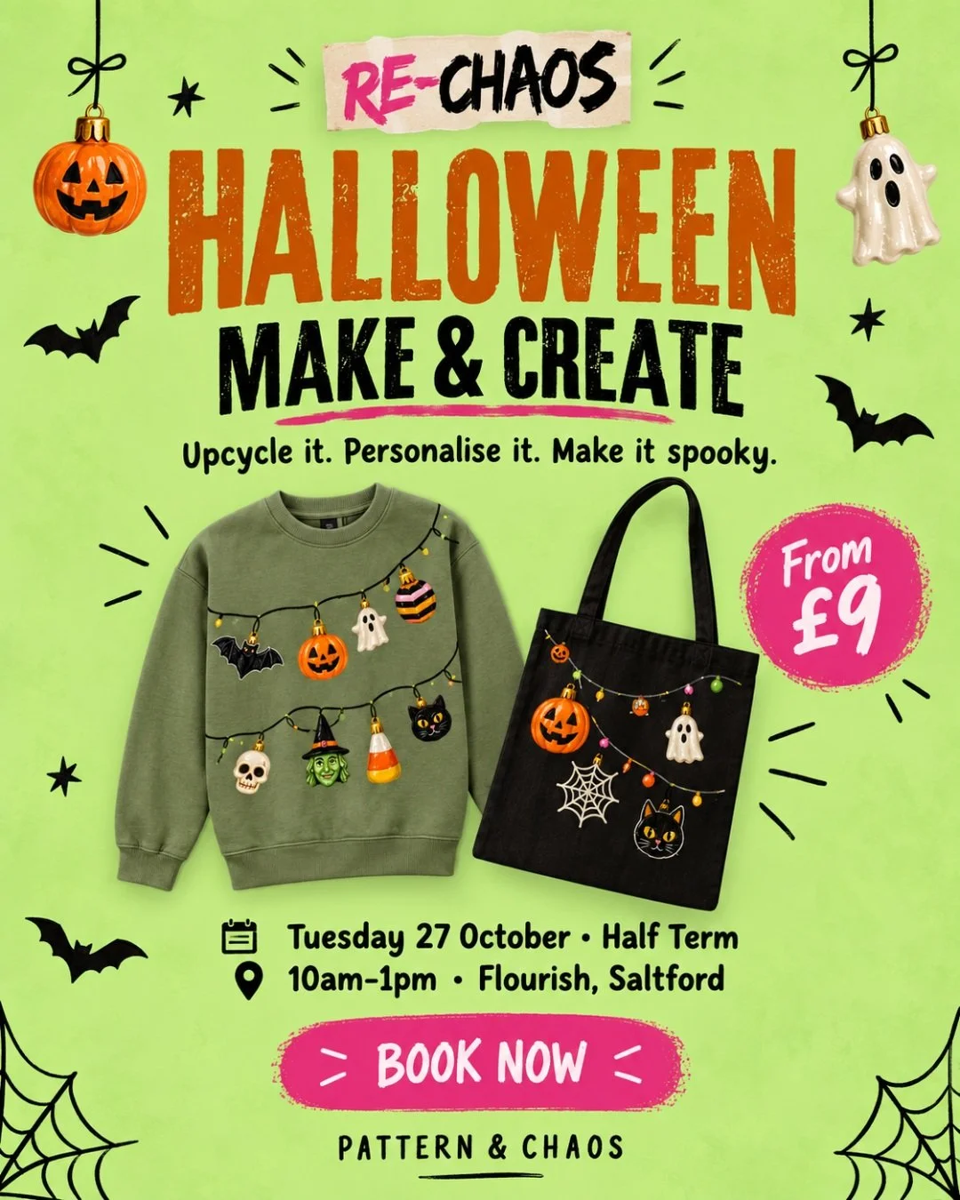Halloween Make &amp; Create workshop
@flourishfoodhallkitchen 
Tuesday 27th October 10:00-13:00 (Half Term - 1 hour slots)

Give your old clothes a new life this Halloween! 🎃♻️

Bring along a jumper, sweatshirt or T-shirt from home and transform it 