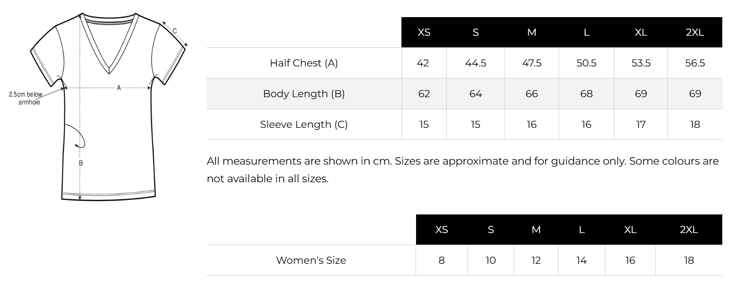 Sizing chart for a boxy women's top in various sizes, with measurements for half chest, body length, and sleeve length, including a diagram of the top with labeled measurements.