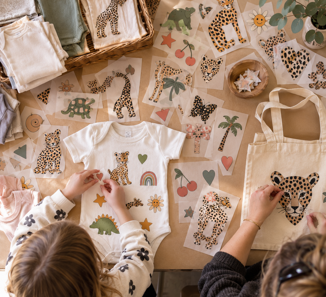 Children and adult making animal-themed stickers and decorations with leopard print designs for clothing or accessories, surrounded by paper cutouts of various animals and symbols on a table.