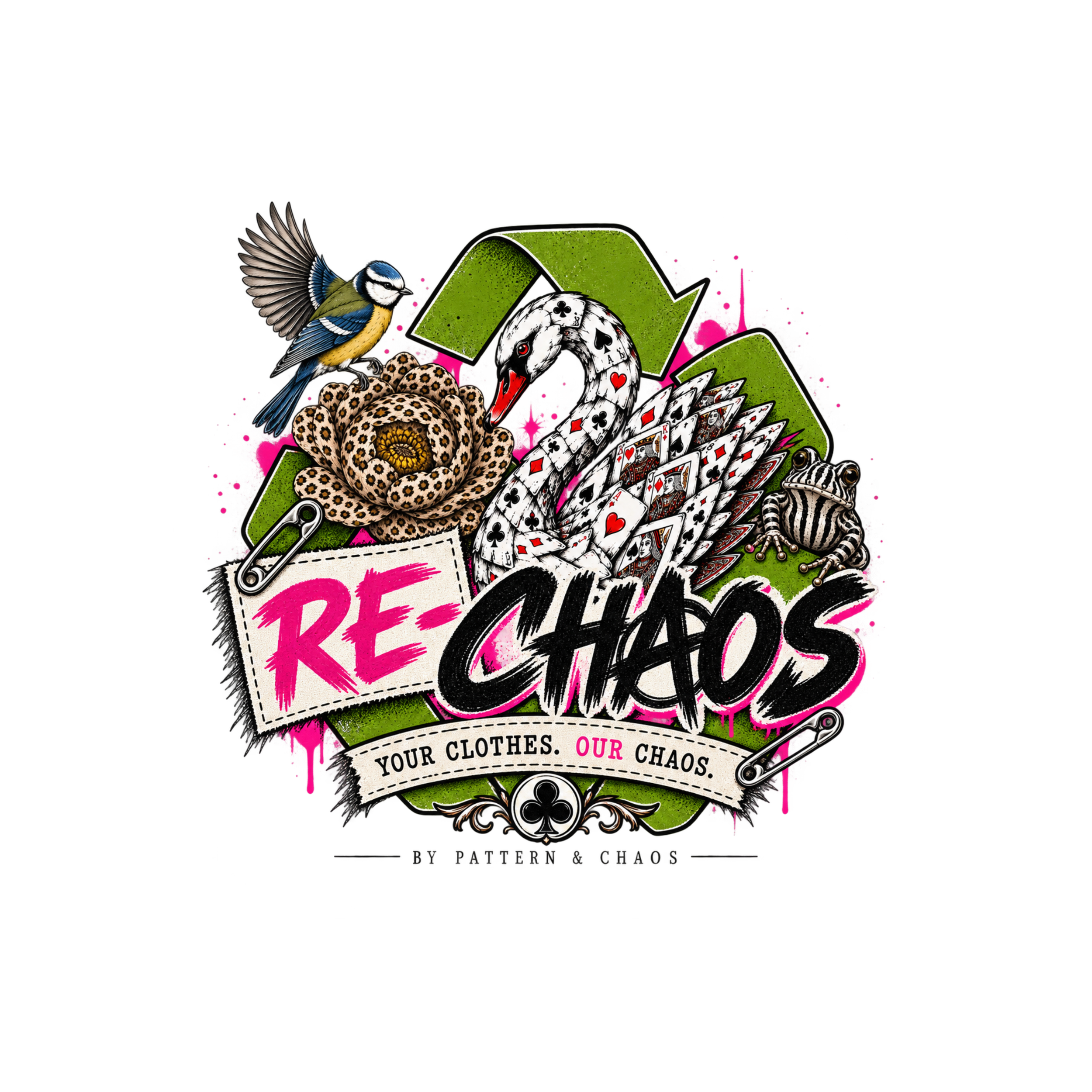 Colorful graphic featuring a small bird, a snake, a flowering plant, and playing cards clustered around a torn sign with the words 'Re-Kaleidoscope' and additional text 'Your clothes. Our chaos.'