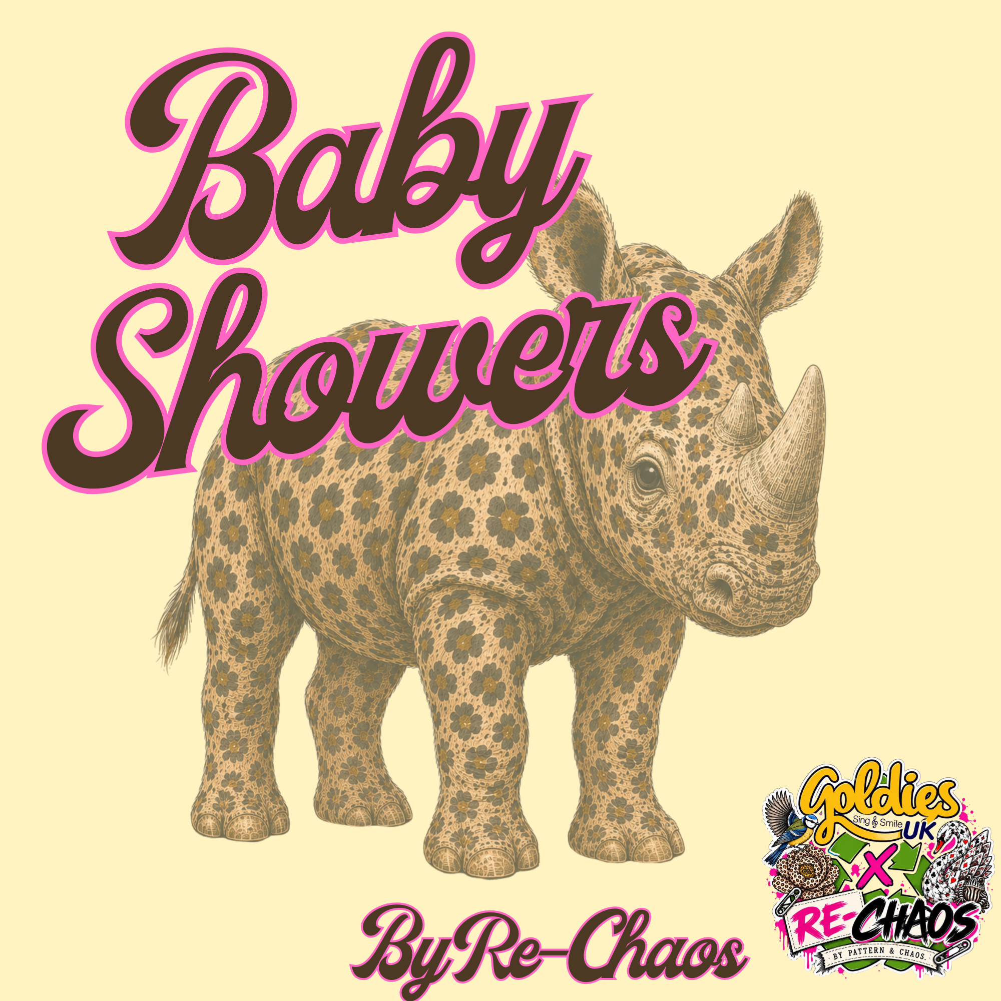 A cartoon illustration features a baby giraffe with a patterned coat of brown spots on a yellow background. Overlaid on the image are large, cursive words in brown with pink outlines that read, "Baby Shoots" and "Buy Re-Chaos." There is also a colorful sticker in the bottom right corner with the words "Goldies UK Re-Chaos" and images of birds and donuts.