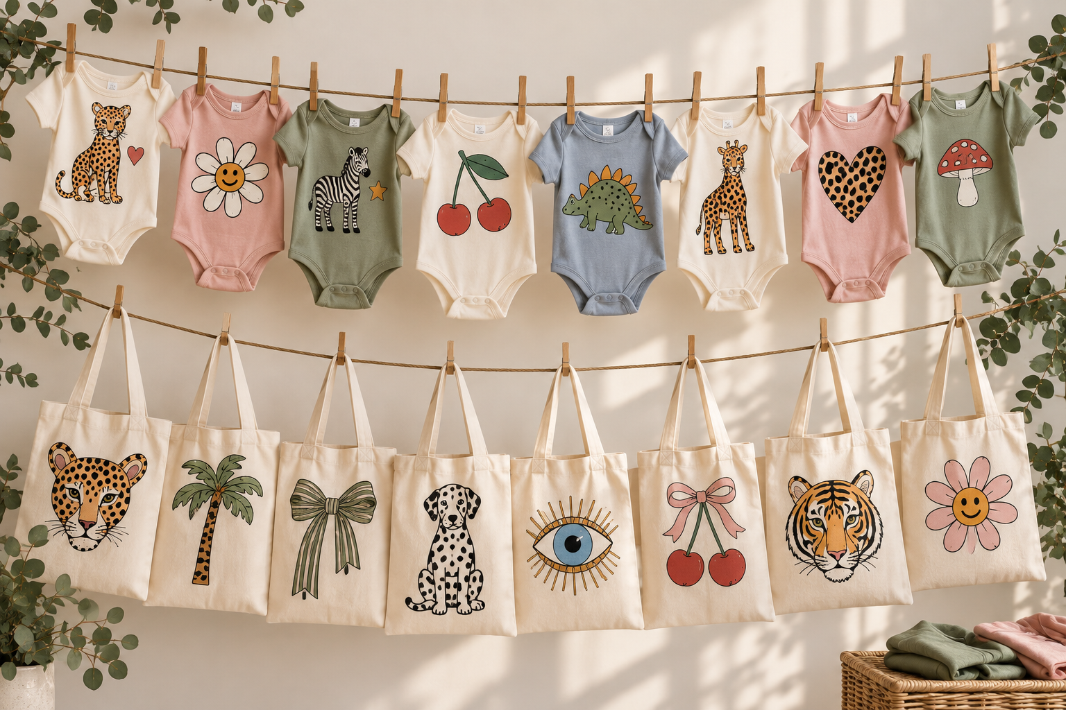 Baby onesies and tote bags with colorful animal and nature-themed prints hanging on a wall. The onesies are on a top line with clothespins, and the tote bags are on a lower line. The prints include a leopard, daisy, zebra, cherries, dinosaur, another leopard, heart, mushroom, a leopard, an eye, a bow, a tiger, and a flower. There are also some plants and cloths on a wicker table or basket below.