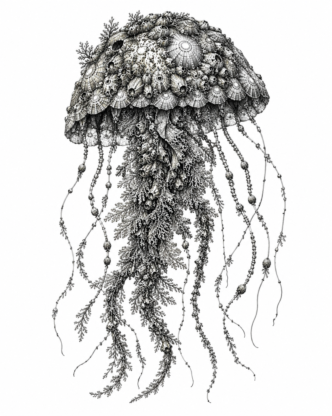 A detailed black and white sculpture of a jellyfish made from various mechanical and natural elements, including shells and coral-like structures, with long hanging tentacles.
