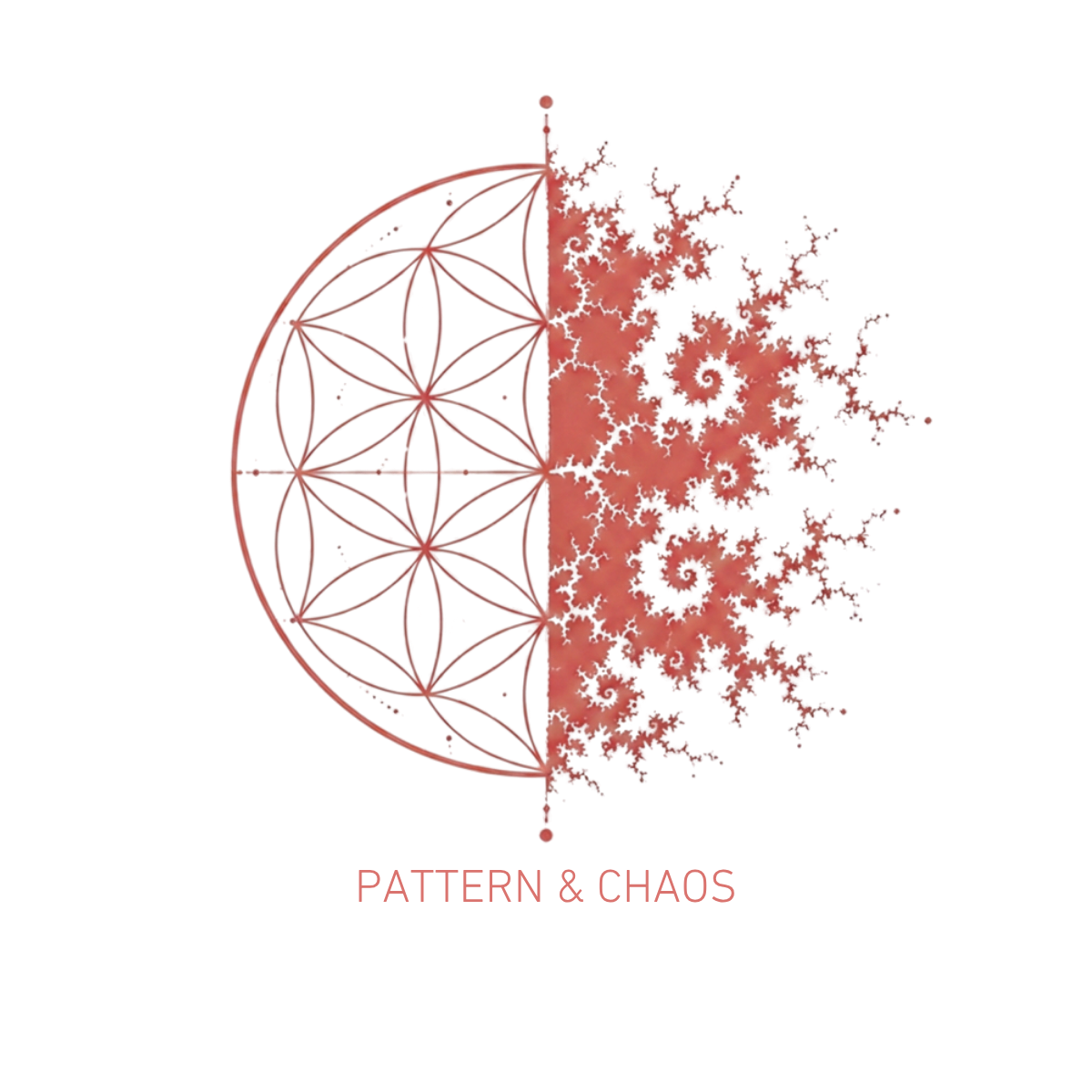 Graphic illustration of a virus particle with a geometric outer shell and a fractal pattern representing the virus's interior, in red and pink hues on a black background.