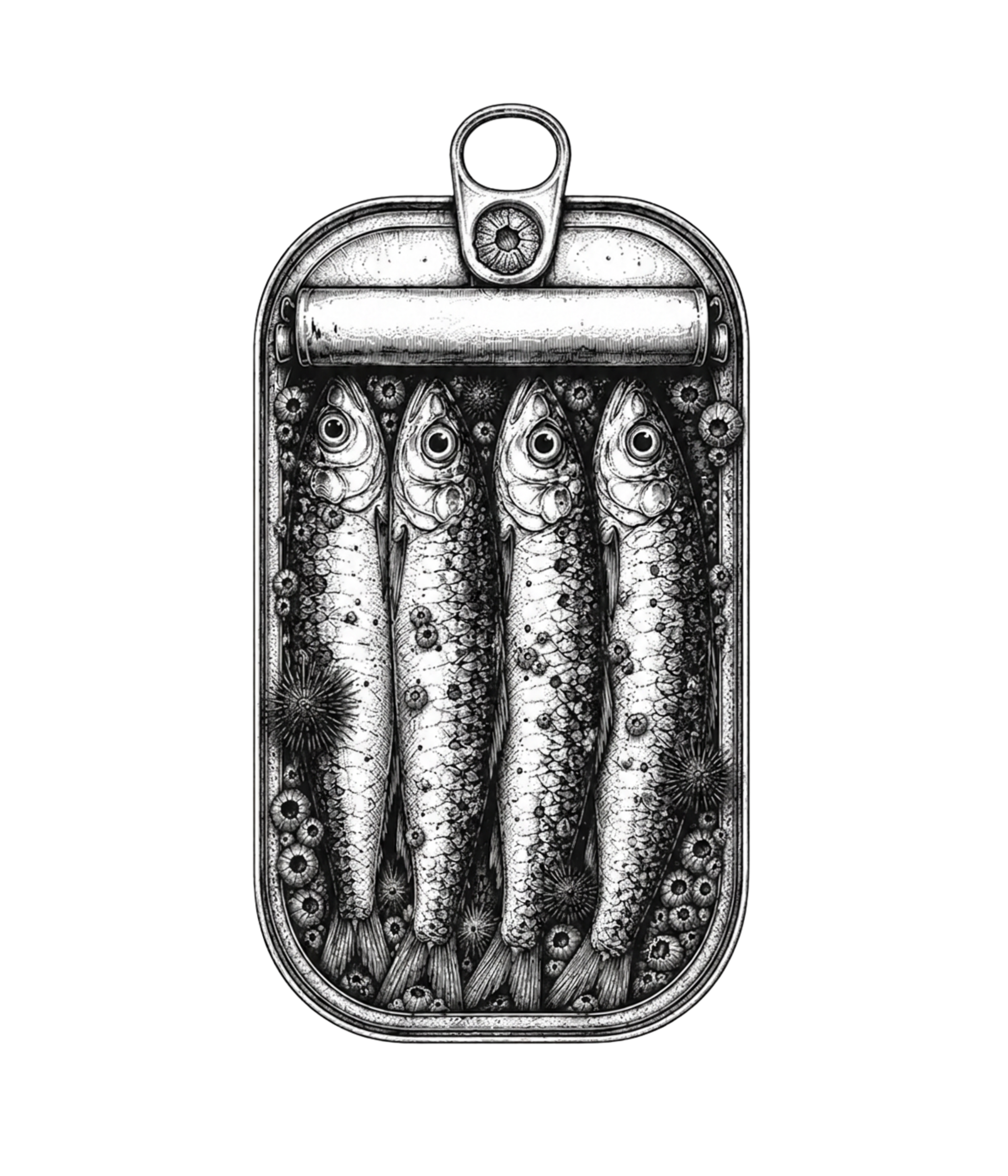 Black and white illustration of a can opener with fish images and floral patterns inside, featuring intricate decorative details.