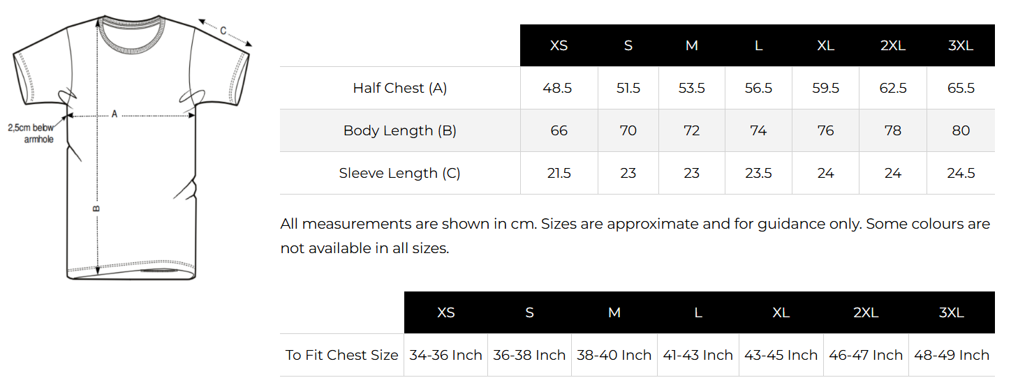 Size chart for a t-shirt showing measurements for XS to 3XL, including Half Chest, Body Length, and Sleeve Length, with corresponding chest size ranges in inches.