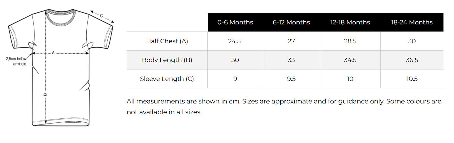 Size guide for children’s T-shirts with measurements for 0-6, 6-12, 12-18, and 18-24 months, including half chest, body length, and sleeve length, accompanied by a diagram of a T-shirt with labeled measurement points.