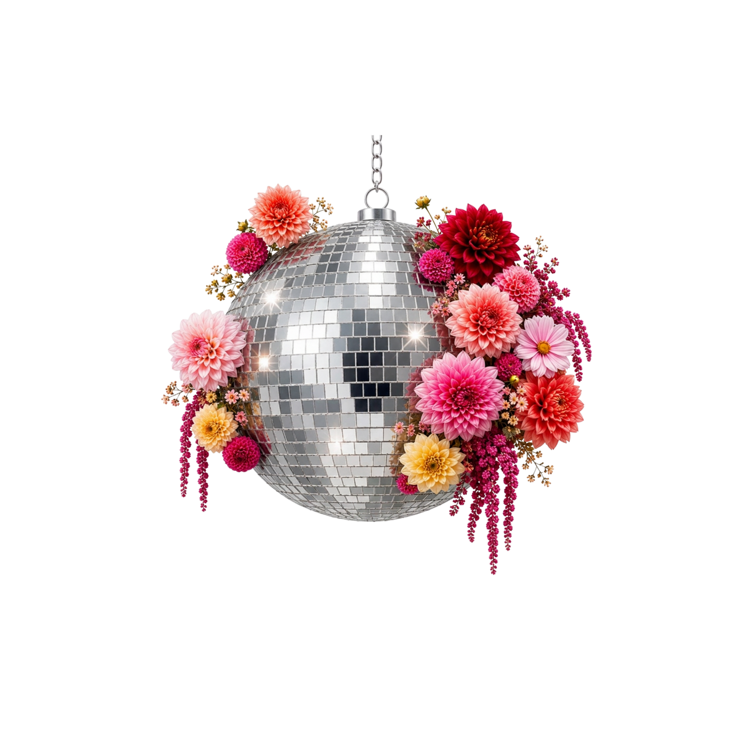 Disco ball hanging from a chain with colorful flowers surrounding it.
