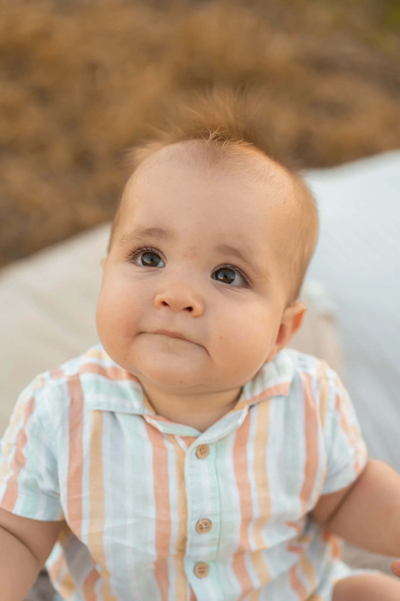 Close-up of a baby with brown eyes and light skin, wearing a pastel-striped button-up shirt with short sleeves, indoors.
