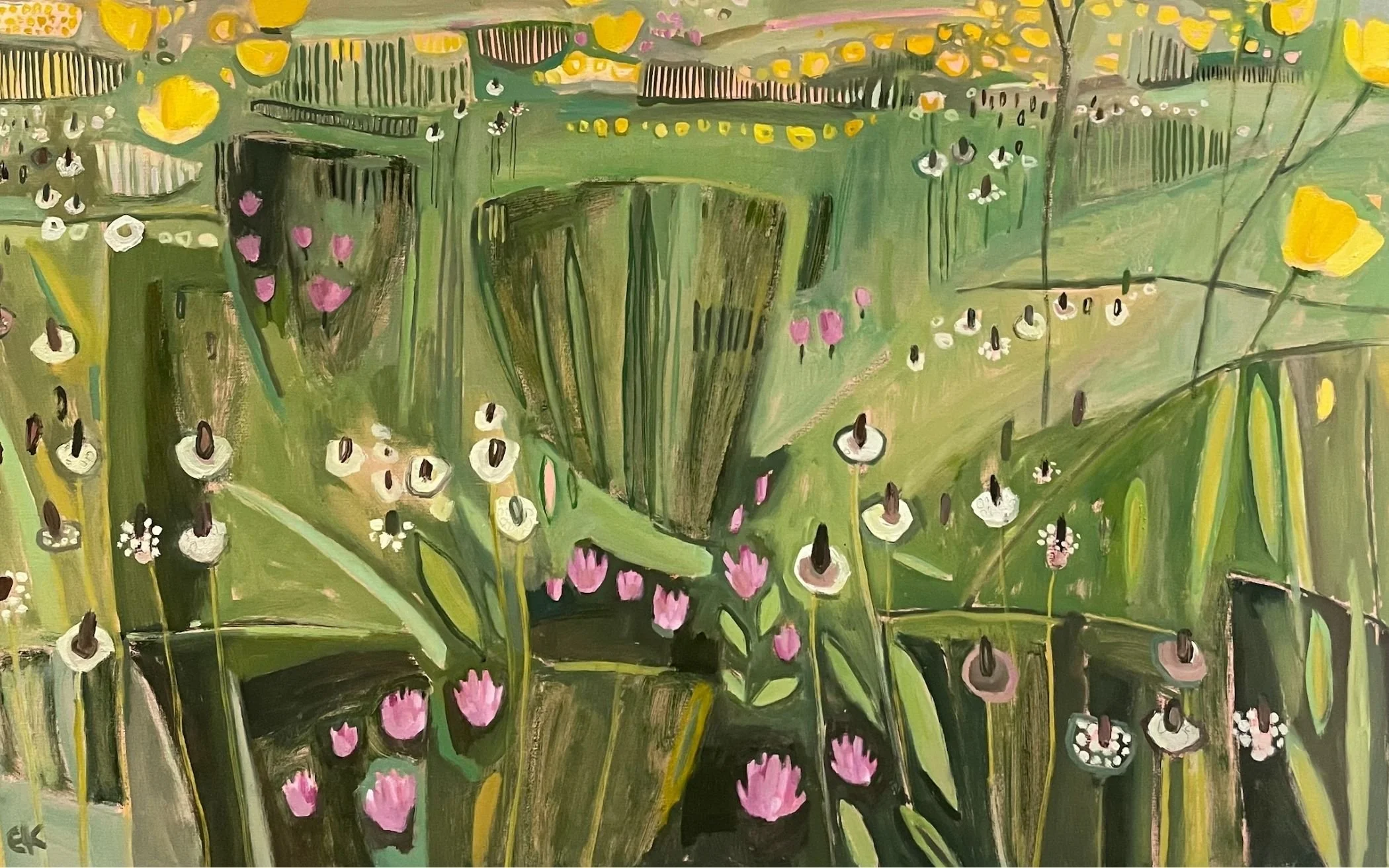 An abstract painting of a garden scene with pink tulips, white flowers, yellow flowers, green leaves, and green grass, created with bold brushstrokes and vivid colors by Bath-based Artist.