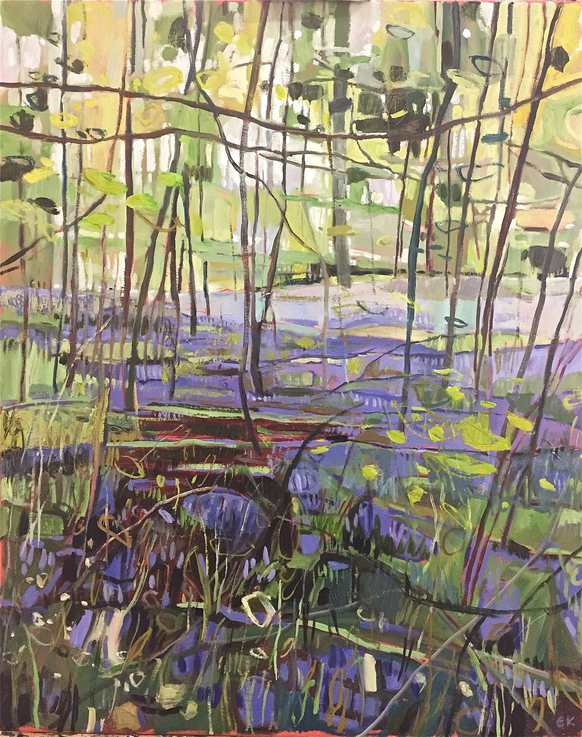 Abstract painting depicting a natural landscape with trees, branches, and foliage in shades of green, yellow, purple, and black - by bath-based artist.