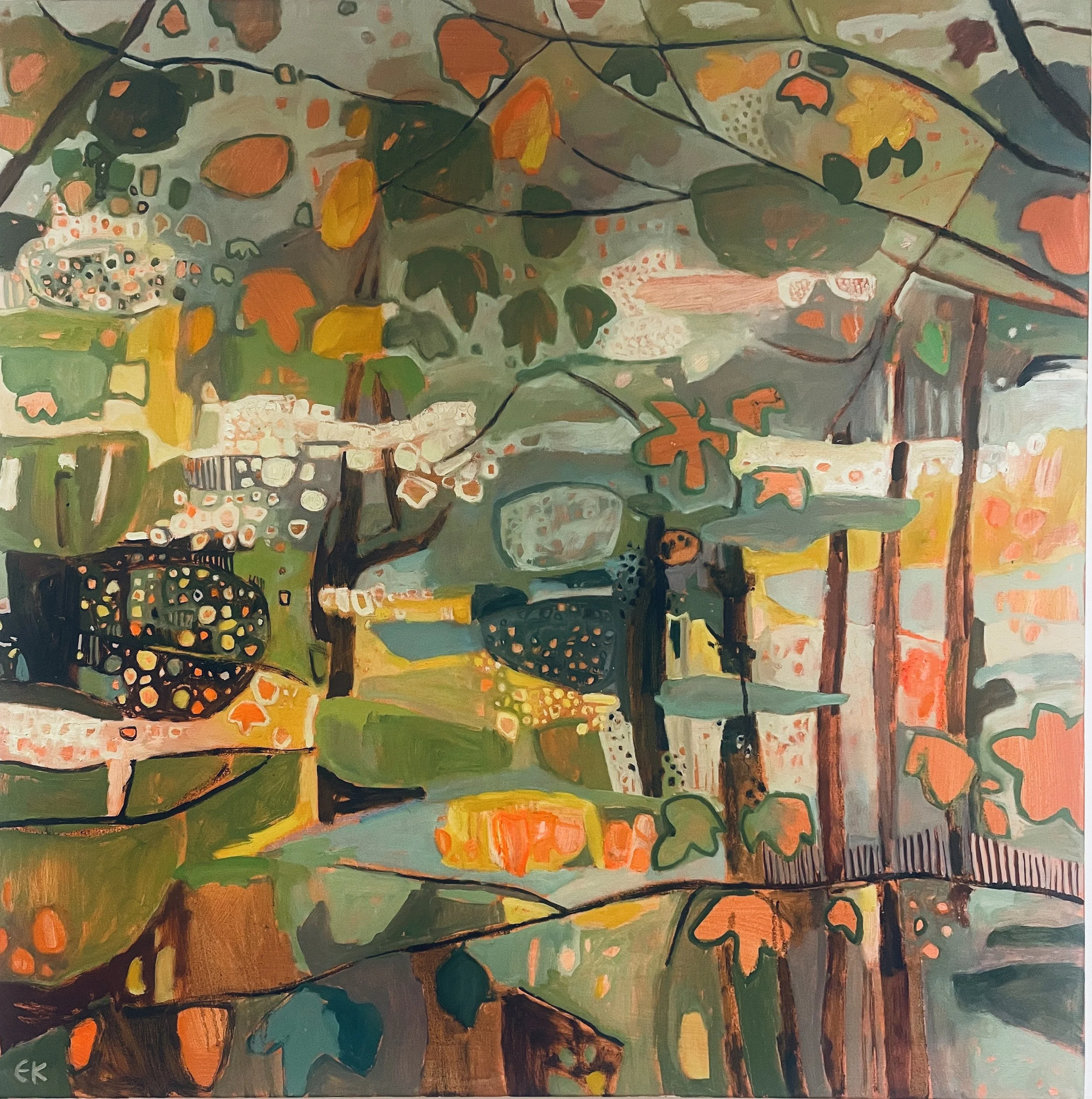 Abstract painting with tree branches, leaves, and a mix of colors like green, orange, yellow, and black, layered with geometric shapes and dots - by Bath-based Artist.