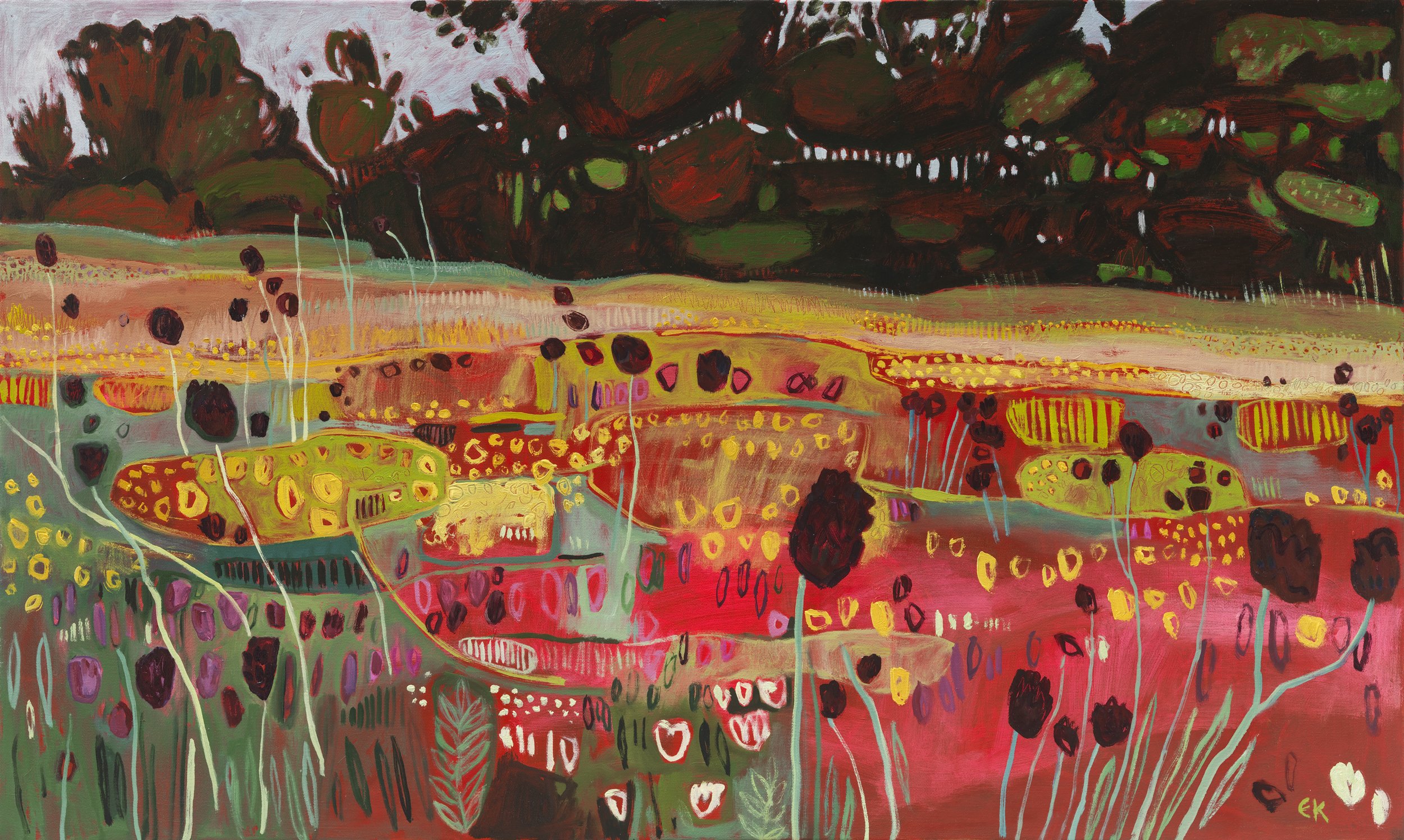 An abstract painting with vibrant colors and dynamic brushstrokes depicting a landscape scene, including trees, fields, and distant hills, using red, green, yellow, and black colors - by Bath-based Artist.
