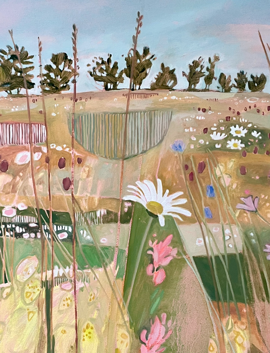 A colorful abstract painting of a flower garden with trees, flowers, and a sky in the background, by Bath-based Artist.