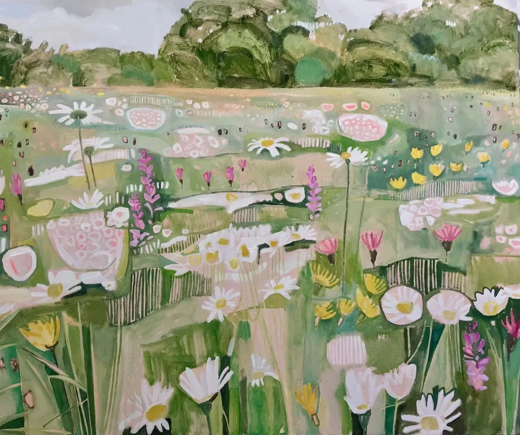 A field of various colorful flowers, including daisies, pink, yellow, and purple blooms, with a green and light pastel background, painted in an impressionistic style, by Bath-based Artist