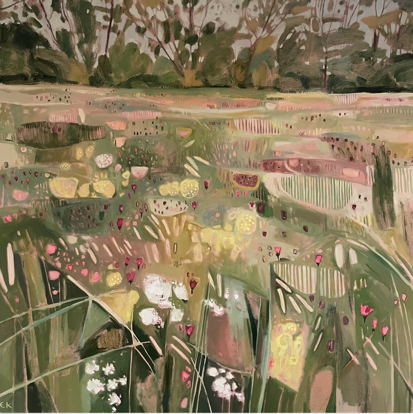 An impressionistic painting of a garden scene with tall green plants, pink flowers, and a distant background of trees and sky - by bath-based artist.