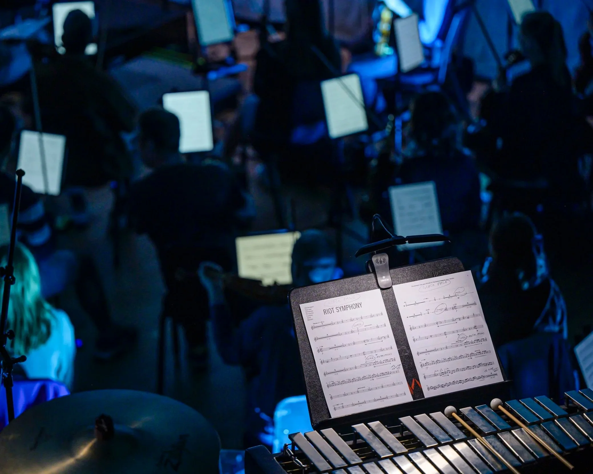 View of musicians playing instruments in a dimly lit concert hall, with a sheet music stand in the foreground showing a piece titled 'RIOT SYMPHONY.'