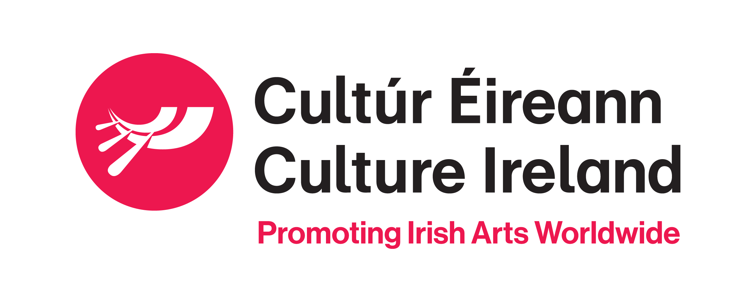 Logo for Cultúr Éireann Culture Ireland featuring a black stylized hand with fingers extended on a pink circle, accompanied by text that reads 'Cultúr Éireann Culture Ireland' and 'Promoting Irish Arts Worldwide'.