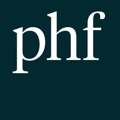 Logo with the letters 'phf' in white on a dark green background.