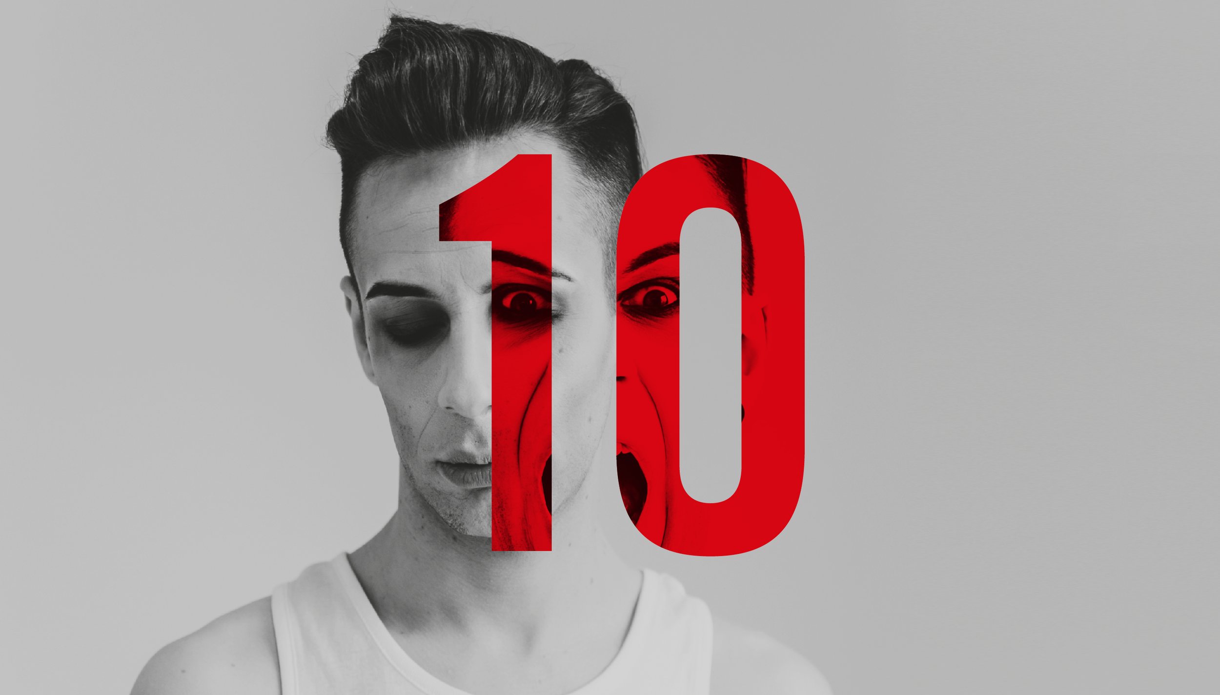 Black and white portrait of a woman with a serious expression, with large red number 10 superimposed over her face.