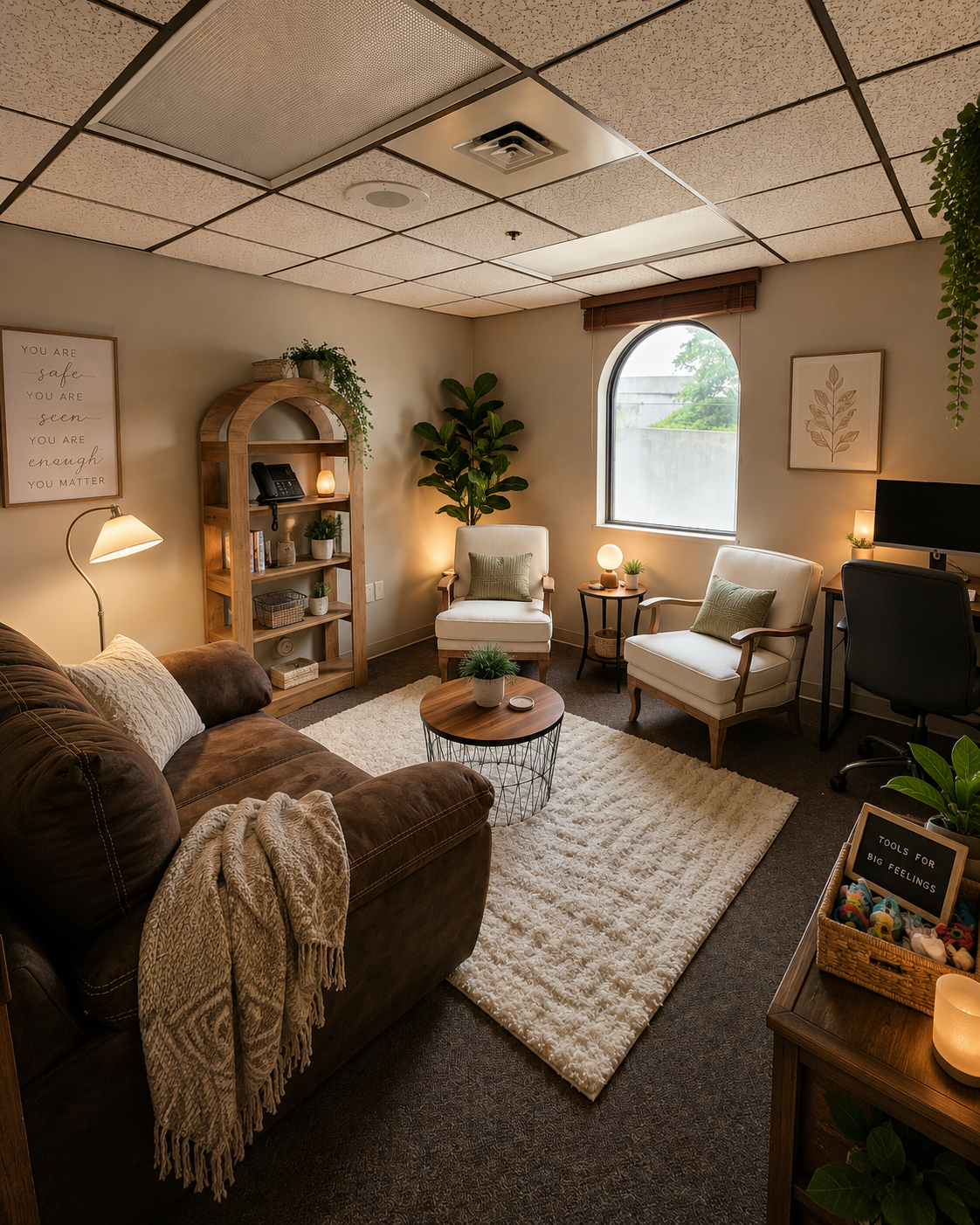 A cozy living room with a brown sofa, two white armchairs, a wooden coffee table, a rug, a bookshelf, potted plants, and framed wall art, with a window letting in natural light.