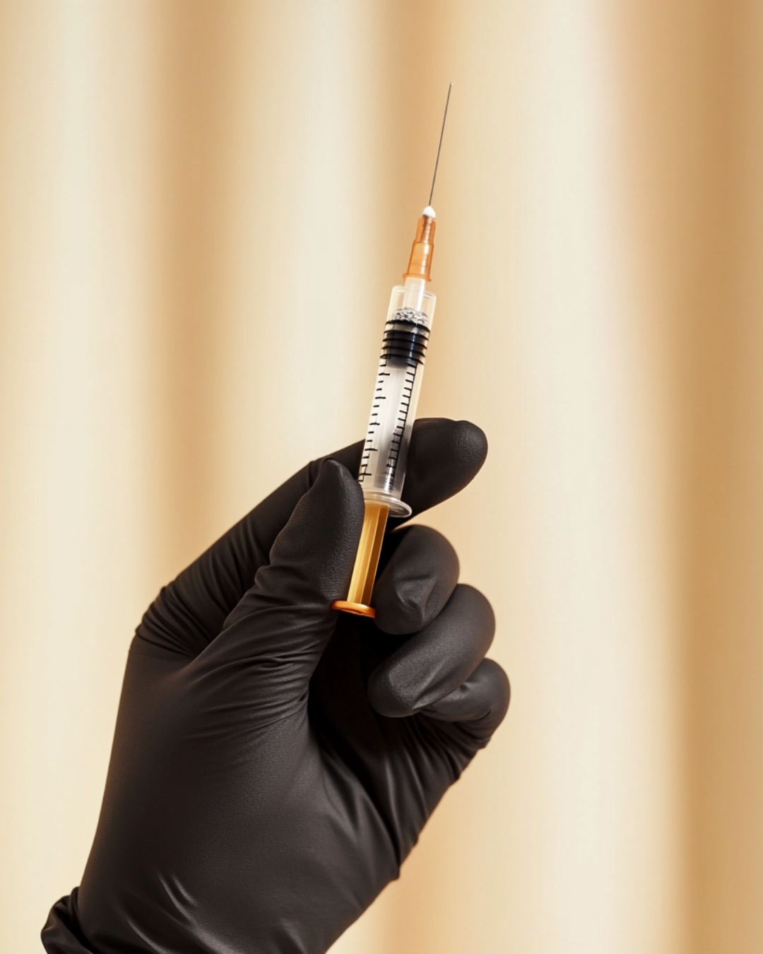 A hand wearing a black glove holding a syringe filled with a yellow liquid, with a beige background.