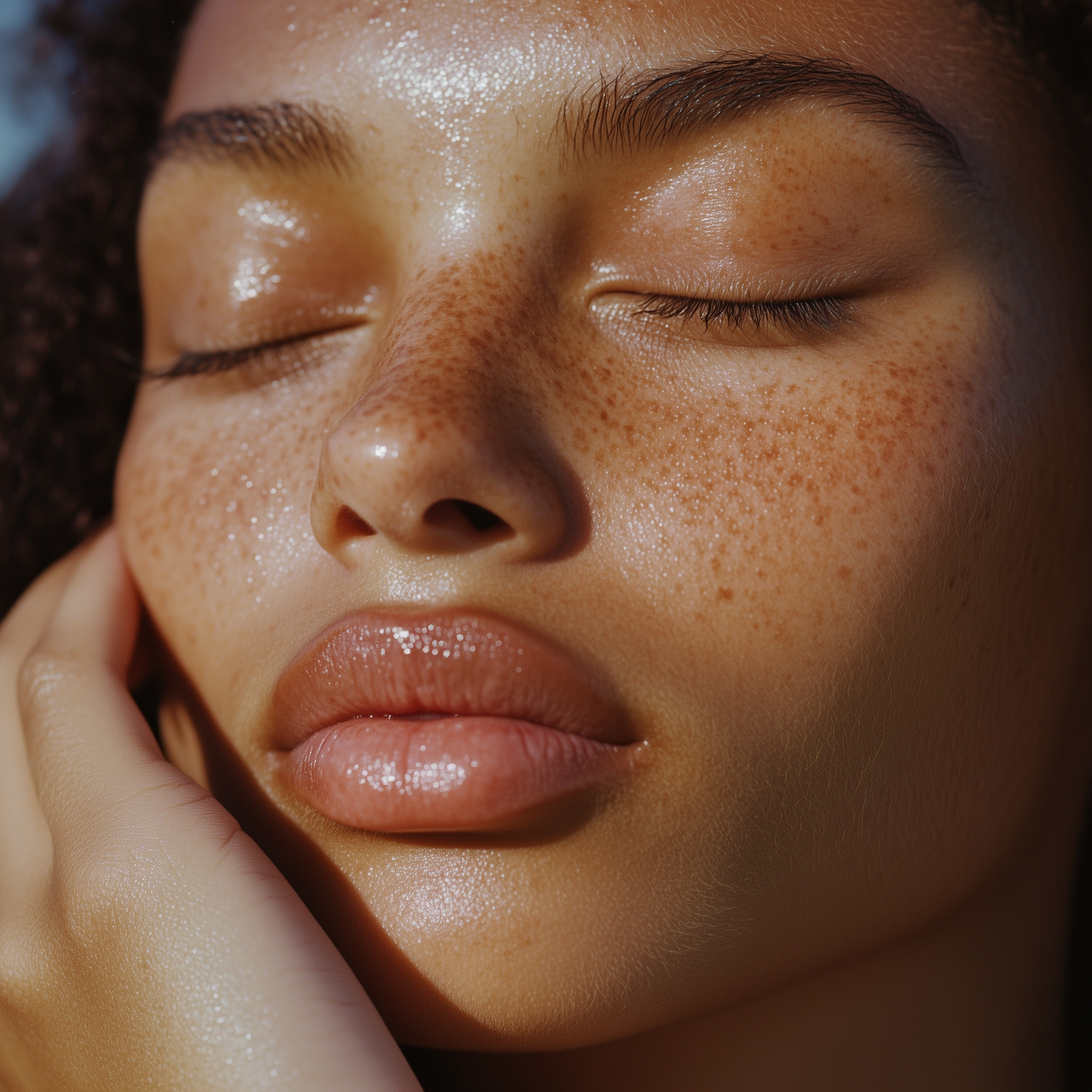 Close-up of a person's face with closed eyes, showing detailed skin texture, freckles, and dampness on the skin, with a person's finger gently touching their face.