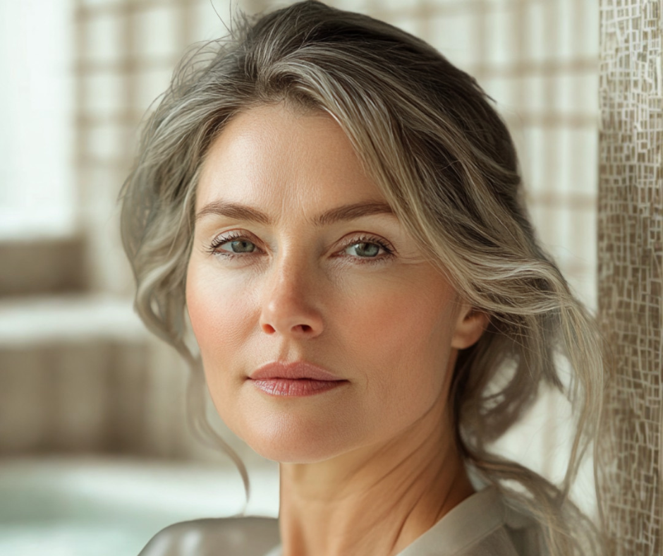 Close-up of a middle-aged woman with gray hair and blue eyes, looking at the camera, standing inside near a window with blinds and a textured wall.