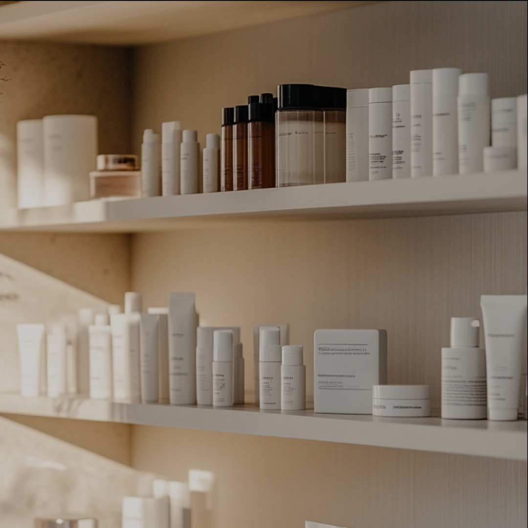 Shelves filled with various skincare and cosmetic products in white and clear bottles.
