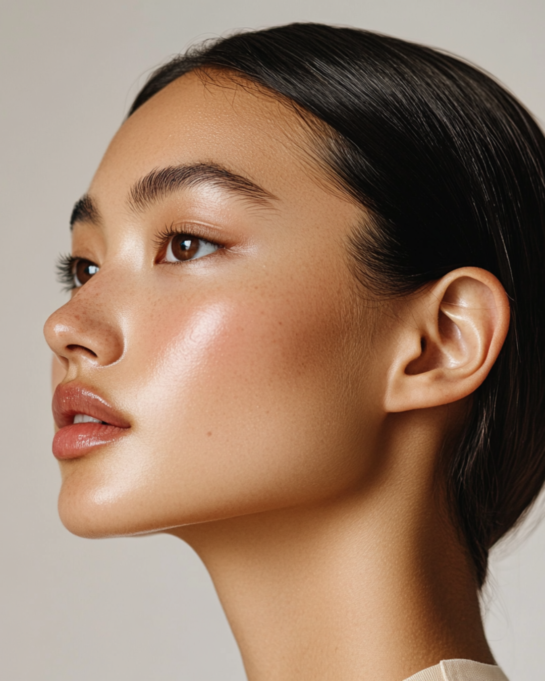 Close-up of a young woman with dewy skin, slick black hair, and natural makeup featuring soft peach lips and subtle eye makeup.