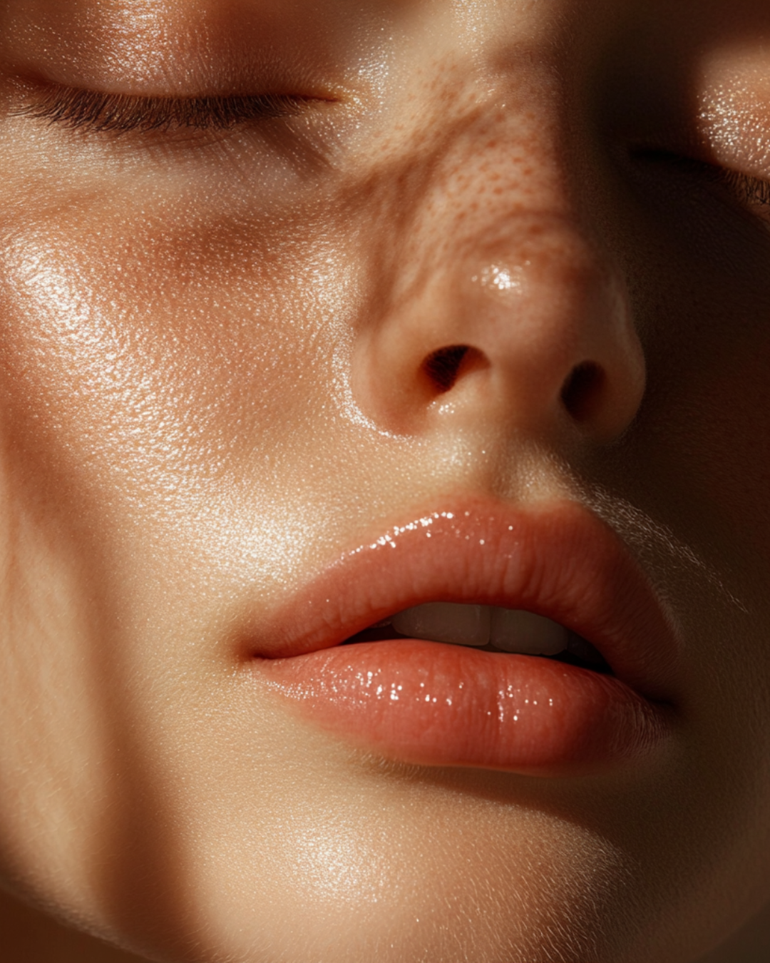 Close-up of a woman's face with closed eyes, showing detailed skin texture, freckles, and glossy lips.