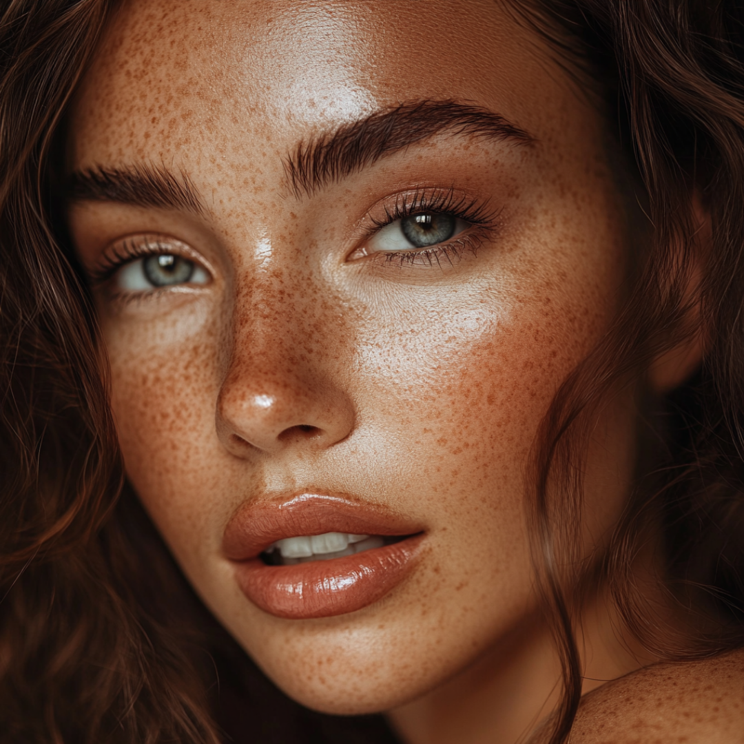 Close-up of a woman with curly brown hair and blue eyes, showing freckles on her face.