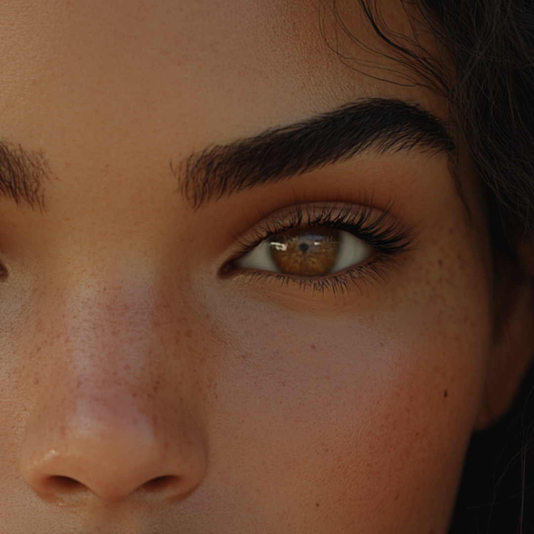 Close-up of a young woman's eye, showing her brown iris, curled eyelashes, and well-defined eyebrow, with visible freckles on her skin.