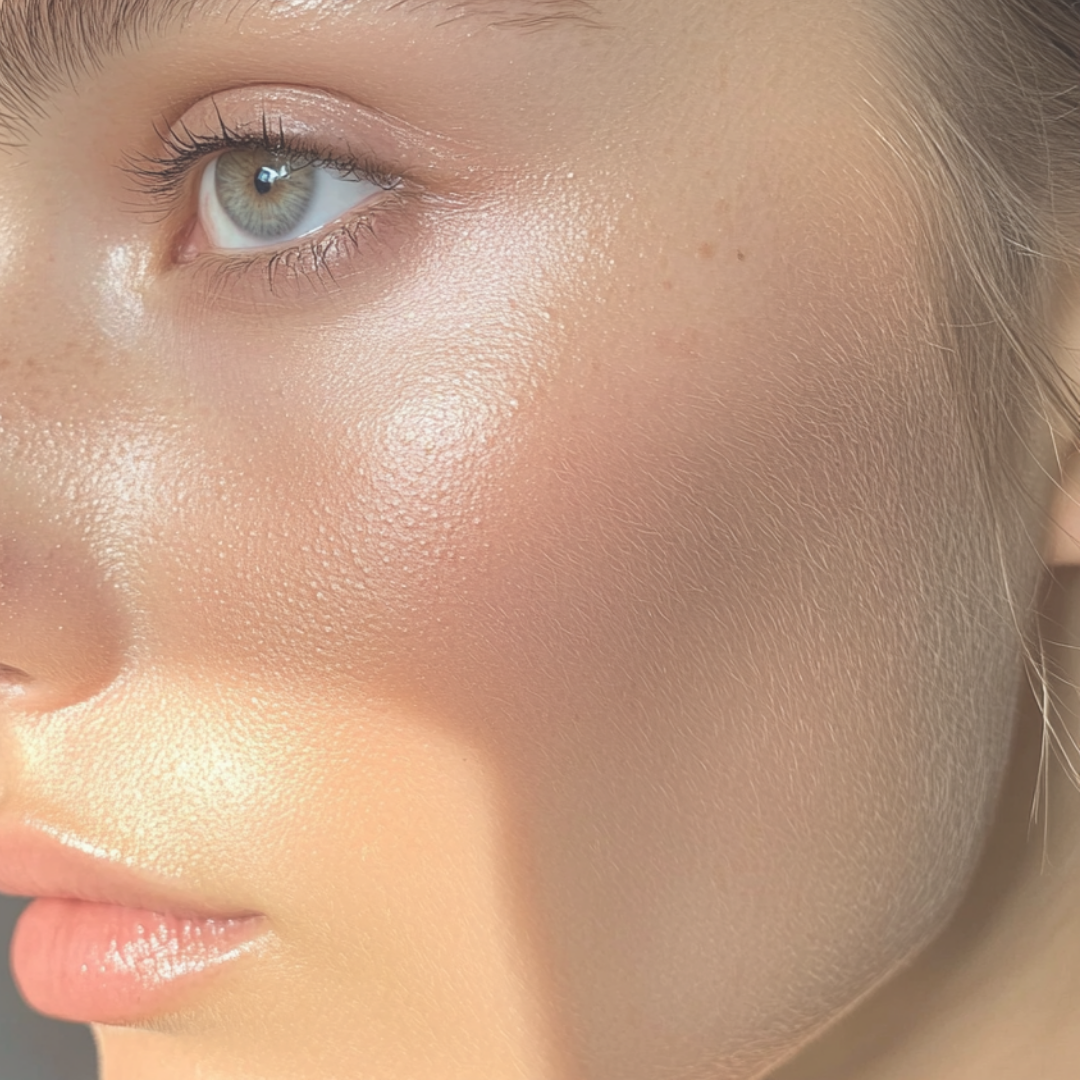 Close-up of a woman's face, showing her eye, cheek, and lips with smooth, glowing skin and subtle makeup.