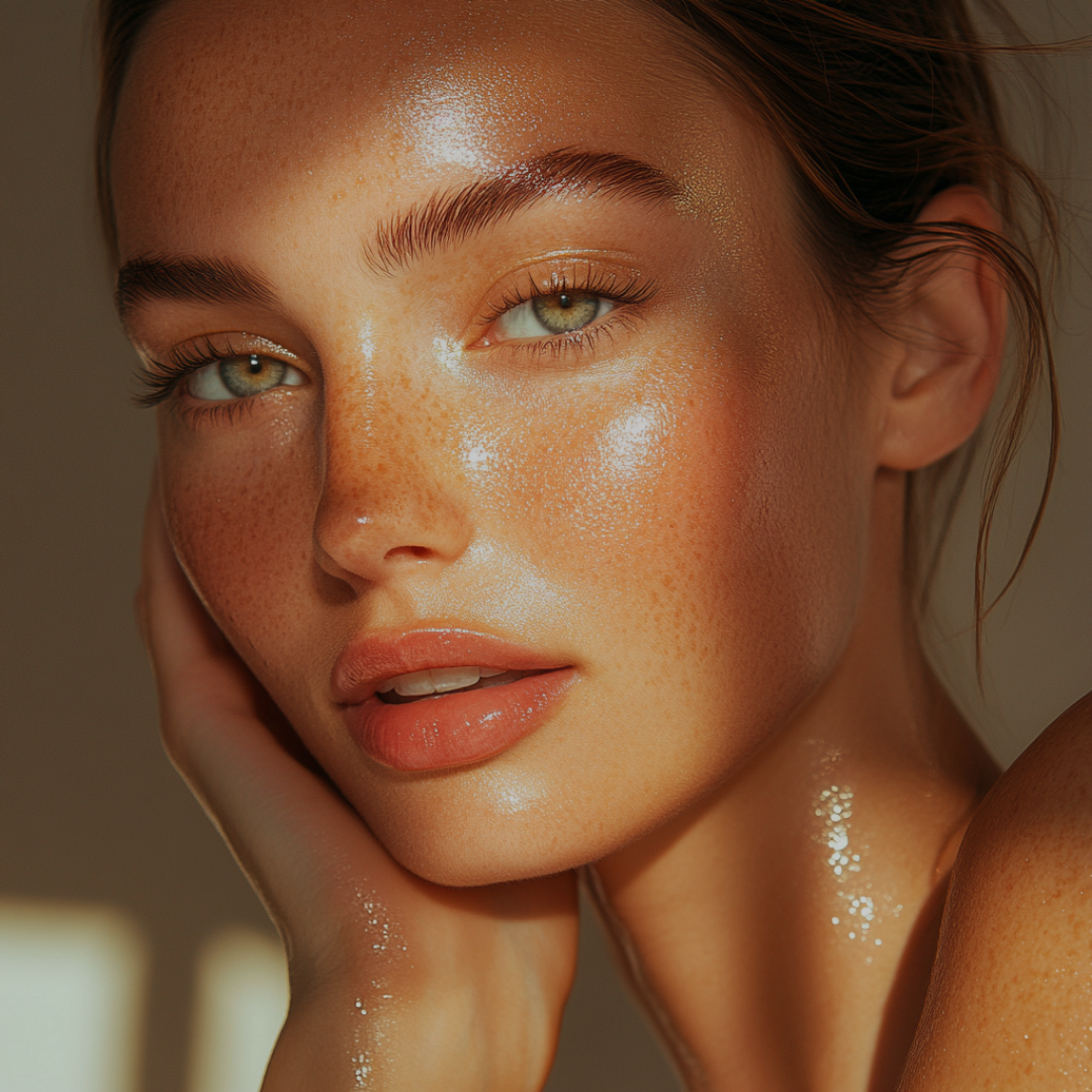 Close-up of a woman's face with glowing skin, green eyes, and light brown hair, touching her cheek with her hand.