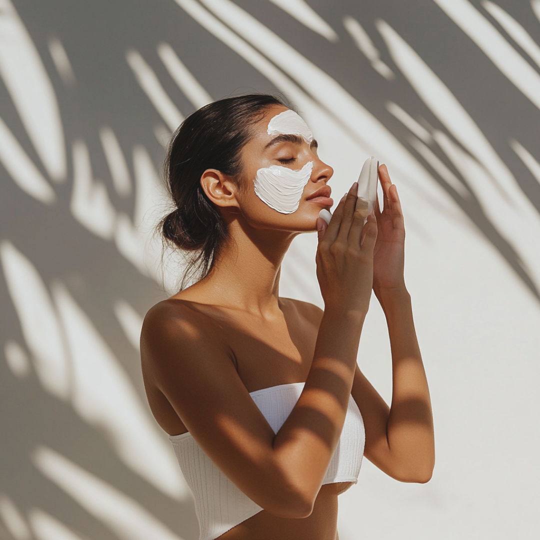 Woman applying face mask with a mirror, shadow of palm leaves on wall