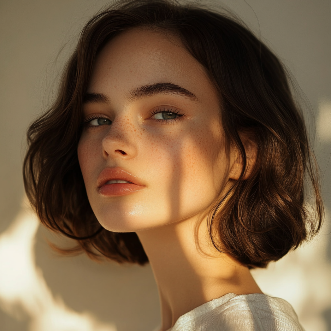 Close-up of a young woman with short, wavy brown hair, green eyes, light freckles, and natural makeup, illuminated by warm sunlight.