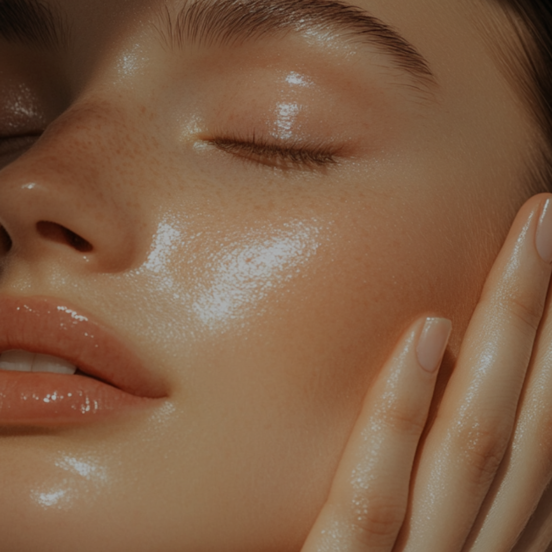 Close-up of a woman's face with glowing, moisturized skin and closed eyes, touching her cheek gently.