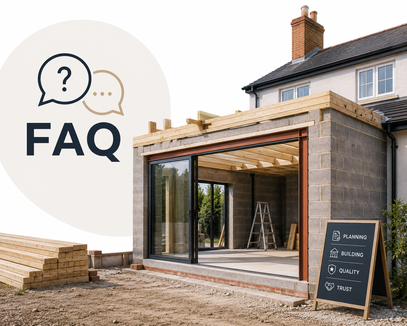 Construction site with an unfinished house extension featuring large sliding glass doors. A ladder and construction materials inside. A blackboard sign outside lists planning, building, quality, and trust. A large FAQ icon with speech bubbles and a question mark is superimposed on the image.