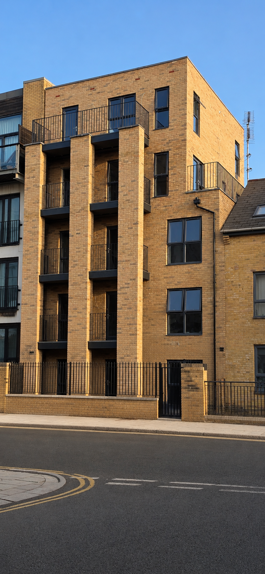 A modern multi-story residential building with a brick facade, multiple balconies with black railings, and several windows, situated along a paved street under a clear blue sky.