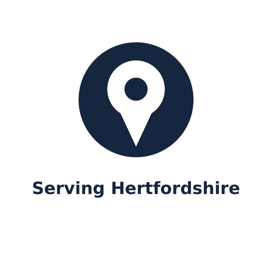 A dark blue circular icon with a white map pin symbol in the center. Below the icon, the text reads "Serving Hertfordshire".