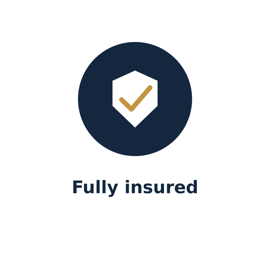 Icon of a shield with a checkmark, indicating full insurance coverage, with the text 'Fully insured' below.