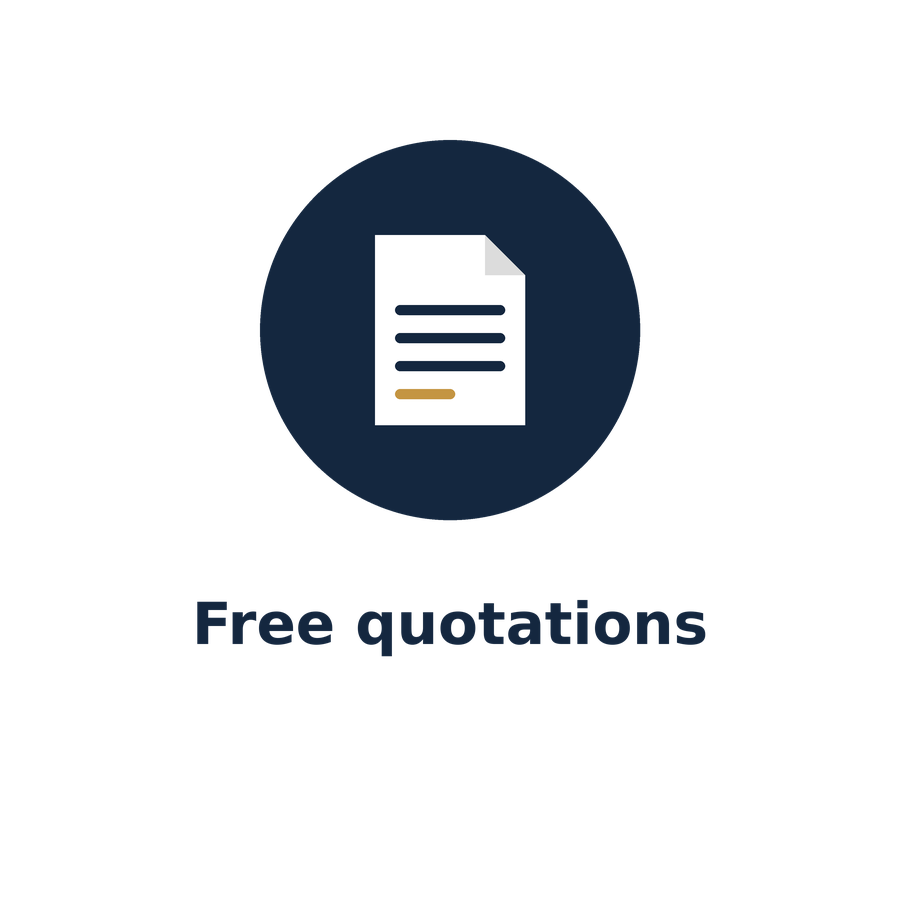 An icon of a document with lines of text and a signature line, inside a dark blue circle. Below the icon, the text says "Free quotations."