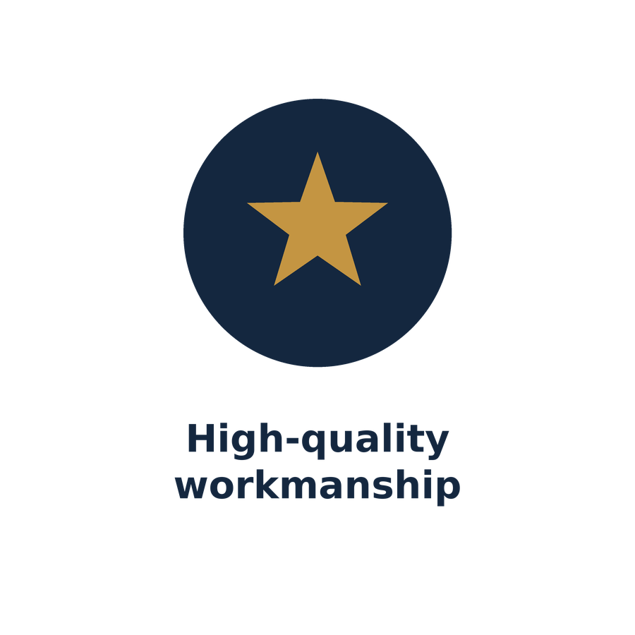 A seal icon with a gold star in the center, navy blue background, and text below reading 'High-quality workmanship' in dark blue.