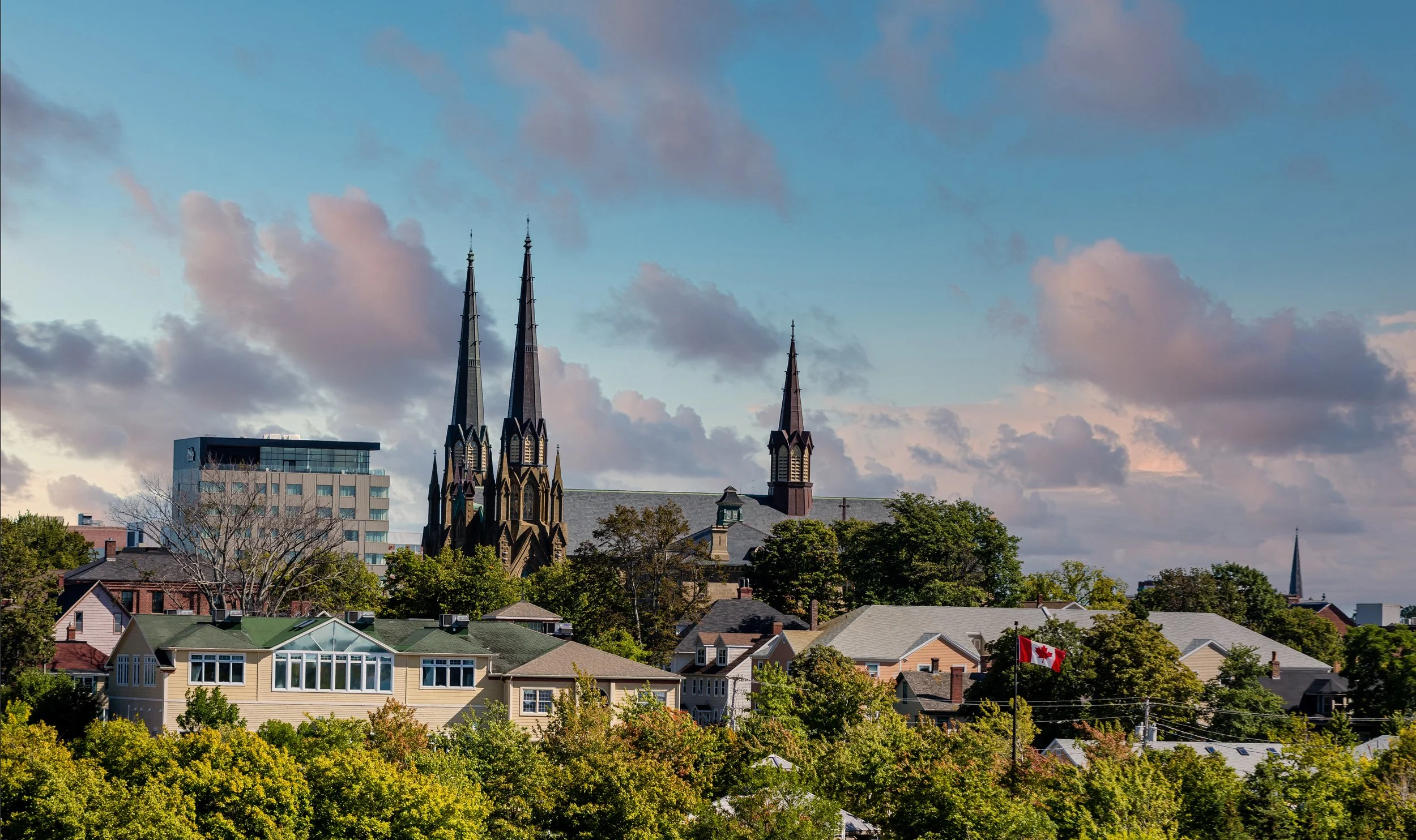 Cityscape featuring residential houses with green trees in the foreground, a church with three tall spires in the middle, a modern office building to the left, and a partly cloudy sky above.