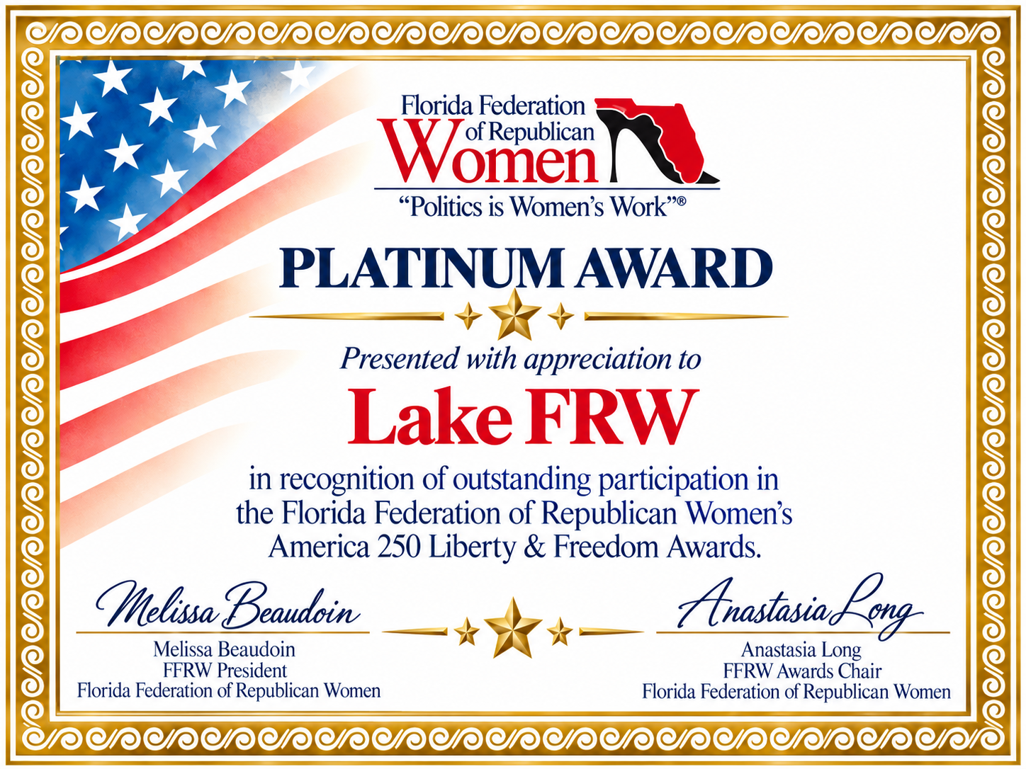 Lake Federated Republican Women’s Club Receives Prestigious Platinum Award.