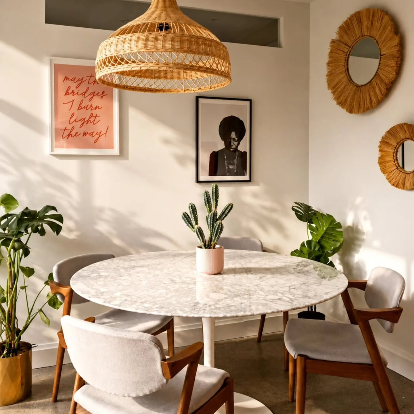 We wanted the dining space in our Dublin Pied-&agrave;-Terre project to feel laid back and lived-in without compromising on style.

The Saarinen table and No. 42 chairs by Kai Kristiansen do the heavy lifting, with the plants and more bohemian access