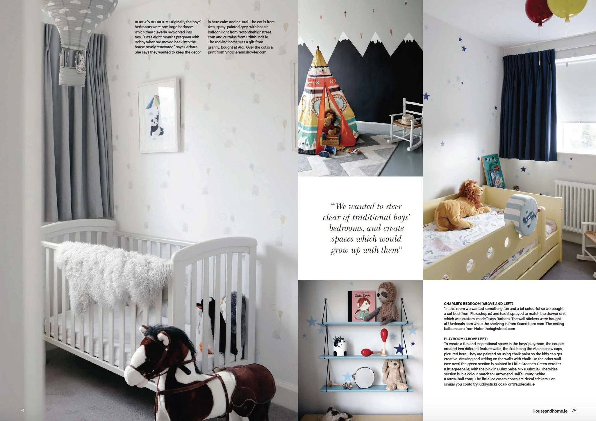 A children's bedroom with a white crib, plush toys, and wall decorations including stars and mountain patterns. There are blue curtains on the window, and a play area with a colorful teepee tent and stuffed animals. The room is decorated with various plush toys, wall stickers, and artwork suitable for a young child.